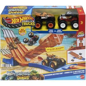 Hot Wheels Monster Trucks Racedown Destruction Tiger Shark vs Bone Shaker NEW 4+